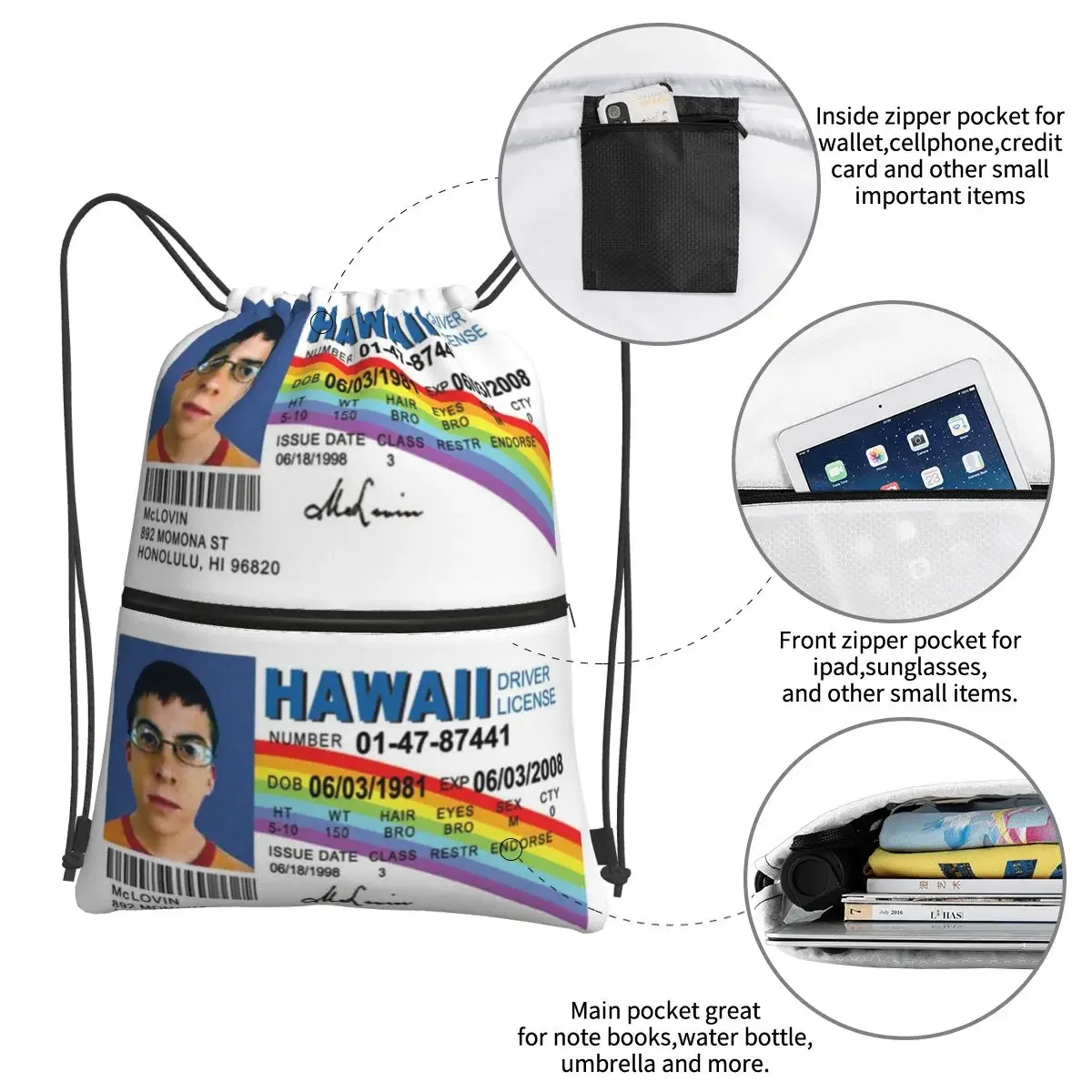 McLovin Driver License Portable Backpacks Drawstring Bag Casual Drawstring Bundle Pocket Sundries Bags For School Students