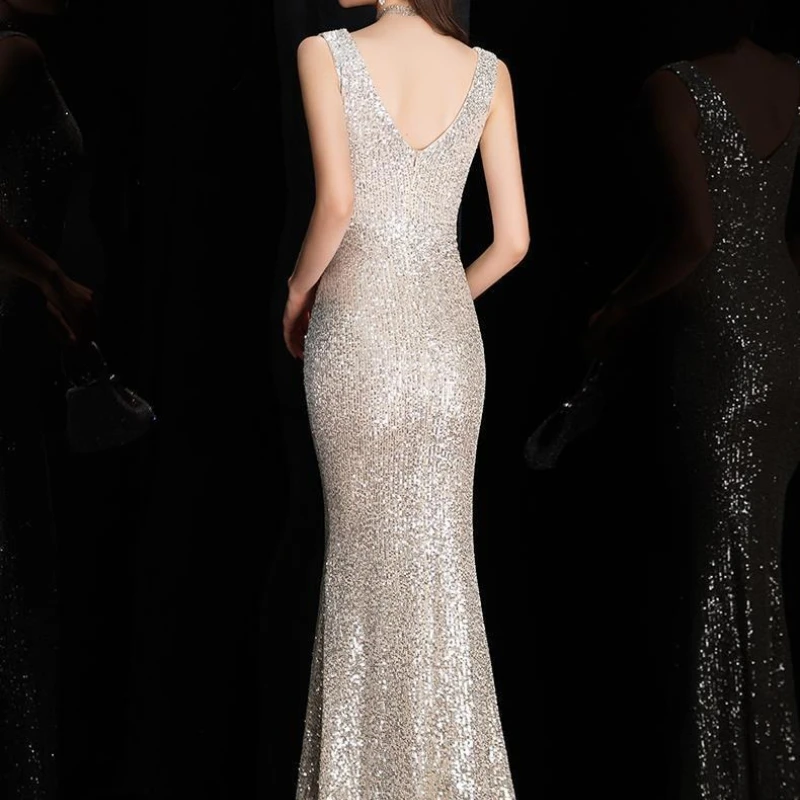 Elegantes Abendkleid mit V-Ausschnitt und Pailletten, lang, 2025, für Damen, Meerjungfrau, formelles Kleid, Partykleid, figurbetontes Maxi-Abschlussballkleid