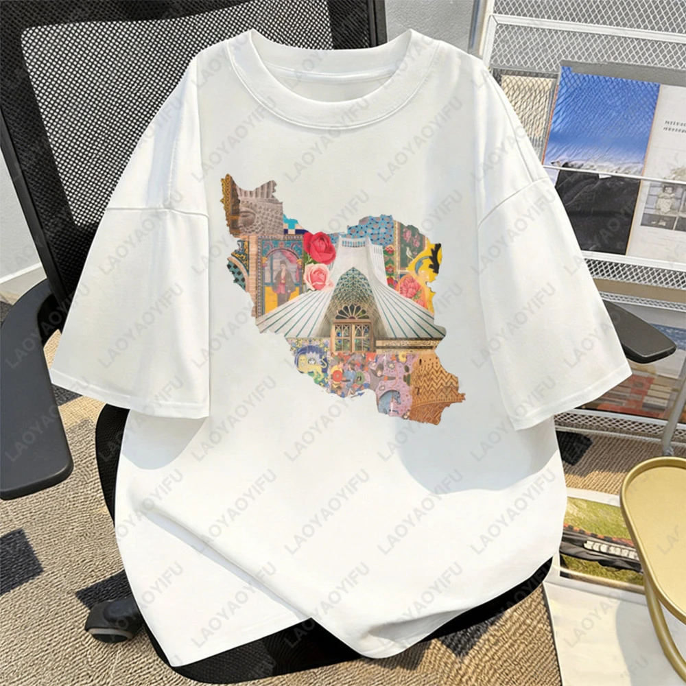 

Iran Map Persian Culture Art T Shirt Cotton Casual Iranian Heritage Graphic Tee Persian Landmark Daily Wear Breathable Top