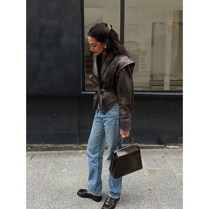 Street Sle Pure Color Stehkragen Gürtel Jaet Damen Ledermantel Personali Faion Herbst Neuankömmling