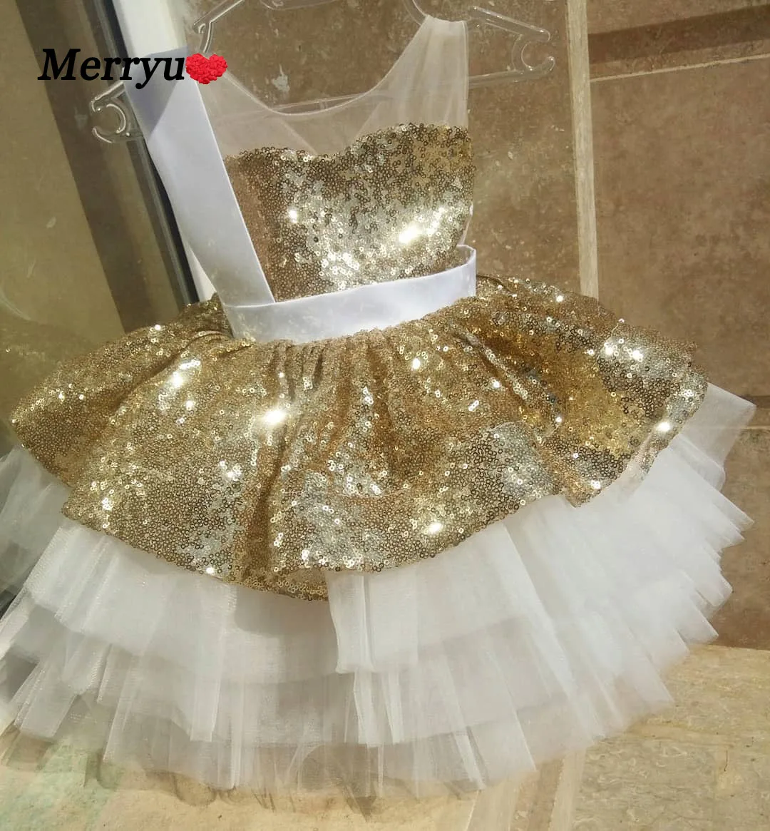 Shinny Sequined Flower Girls Dress for Kids with Belt Toddle Party Gown Layered Tutu Dress Children New Year Dress Clothing