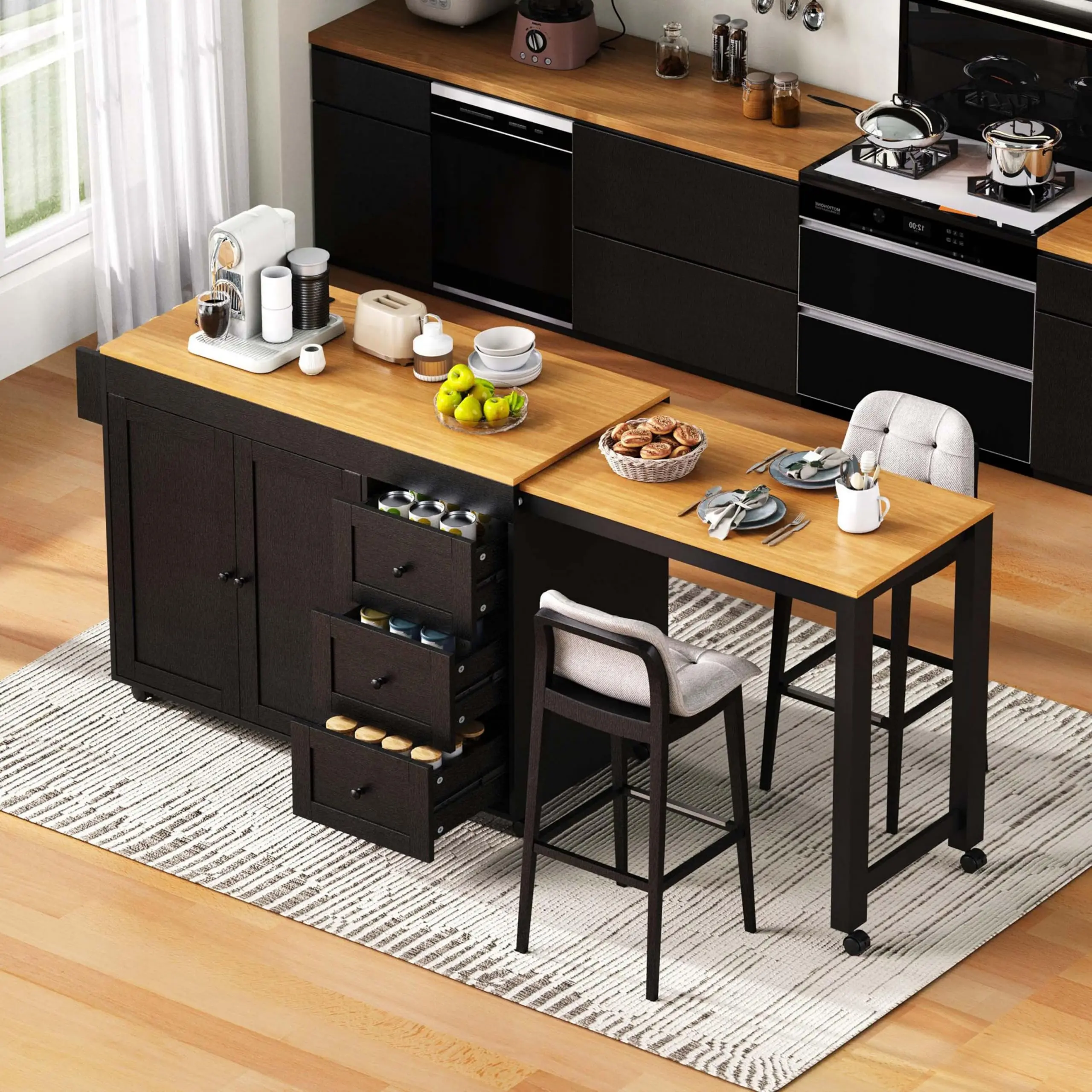 Rolling Kitchen Island with Expandable Dining Table (Black)