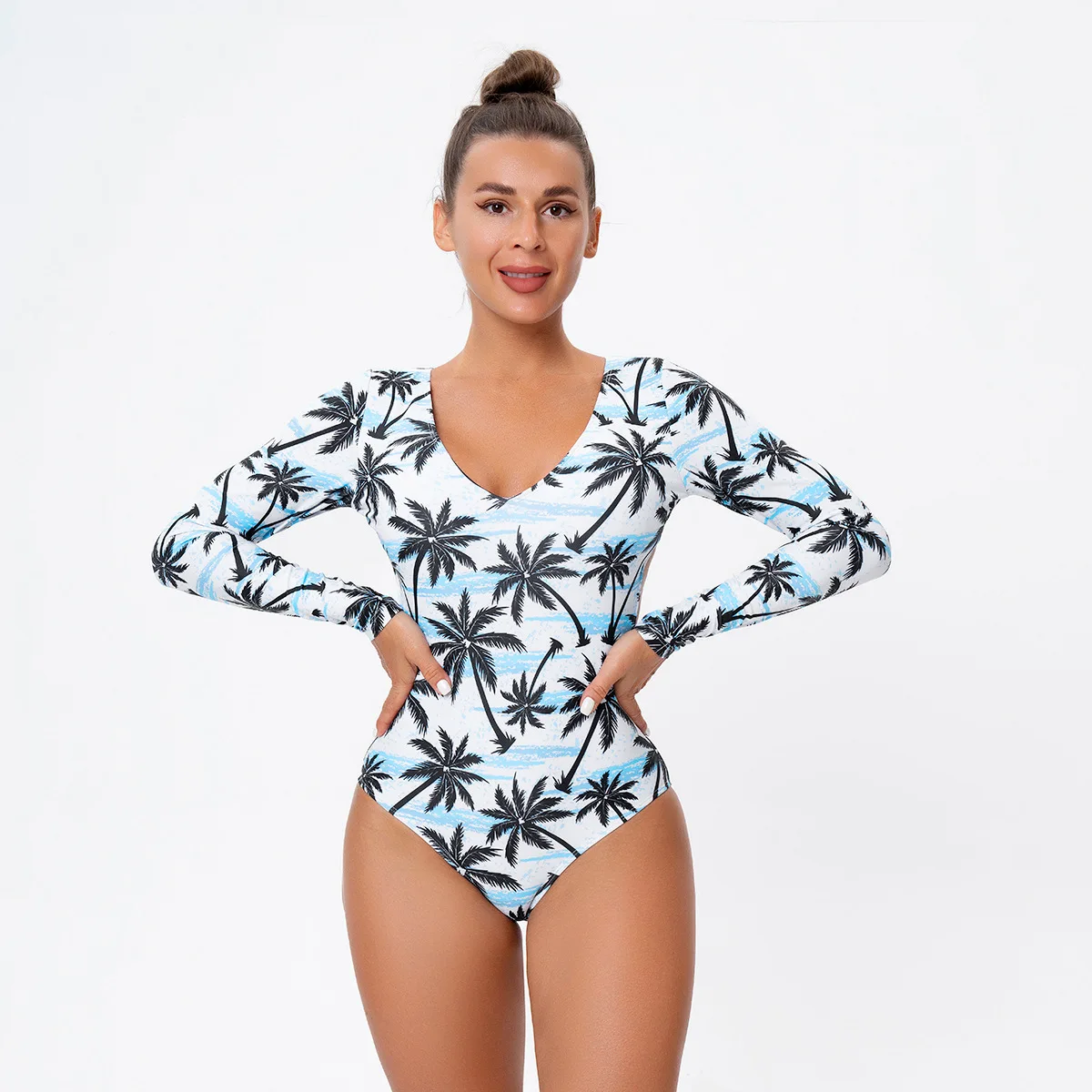 Womens Long Sleeve Rash Guard Coconut Palm Tree Printed Zipper Surfing One Piece Swimsuit Bathing Suit Beachwear Pool Bather