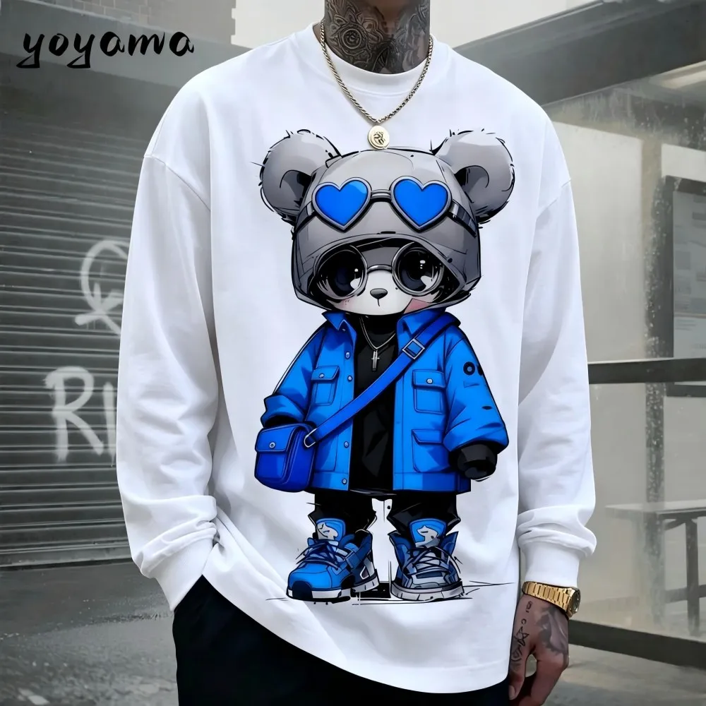 American men's autumn cool teddy bear letter print soft and comfortable round neck long sleeved T-shirt outdoor street top image 5