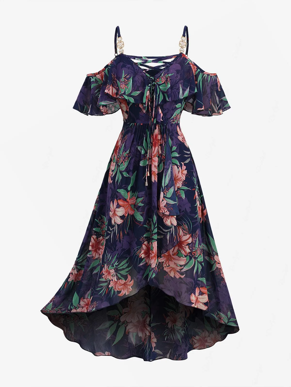 

ROSEGAL Plus Size Hibiscus Flower Printed Lace Trim Lattice Braided Ruffles Tulip Hem Cold Shoulder High Low Dress