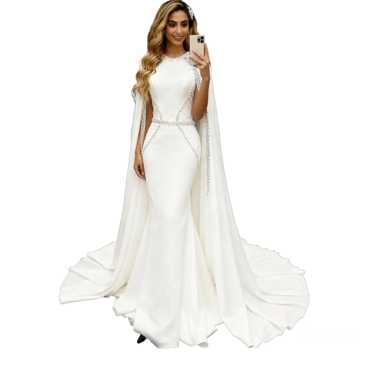 فستان زفاف حورية البحر أنيق مطرز مع ذيل بأكمام طويلة من الساتان لحفلات الزفاف للنساء فيستدوس نوفيا