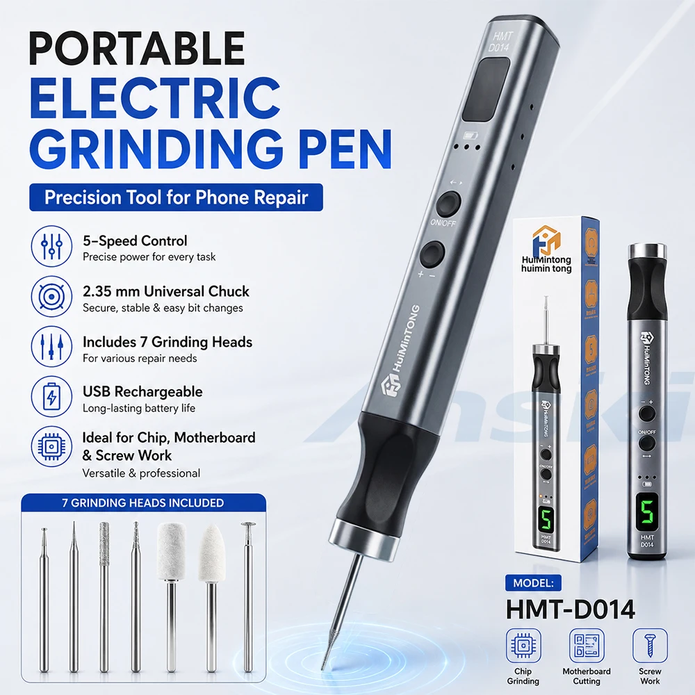 HMT-D014 Electric Polishing Pen 5 Speed Settings 7Pcs Diamond Grinding Heads for IC Chip Grinding PCB Cutting Phone Repair Tools