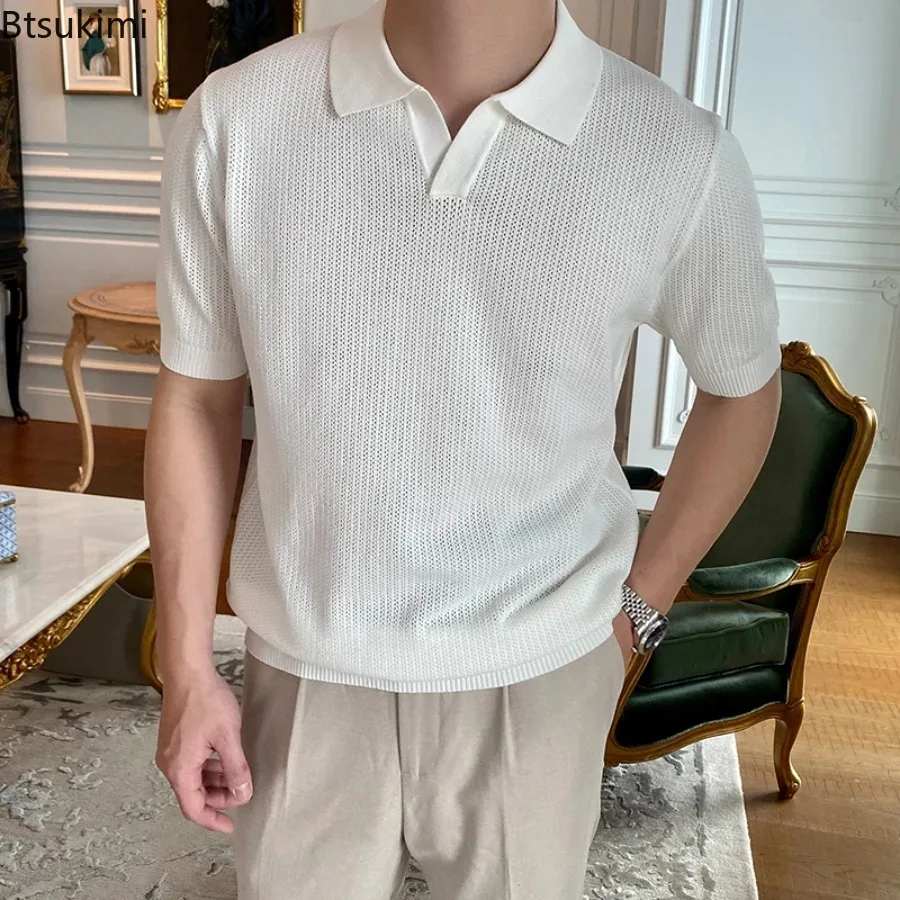 2026 New Men's Stylish Solid Color Textured Polo Shirts Summer Casual Short Sleeve Lapel Knitted Polo Shirt Men Vintage Pullover