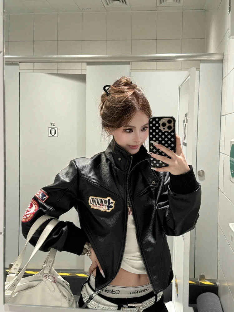 Jaqueta Feminina BeOurRule Retrô Americana Estilo Motociclista Slim Fit com Design de Coração, Casaco Curto Casual e Moderno