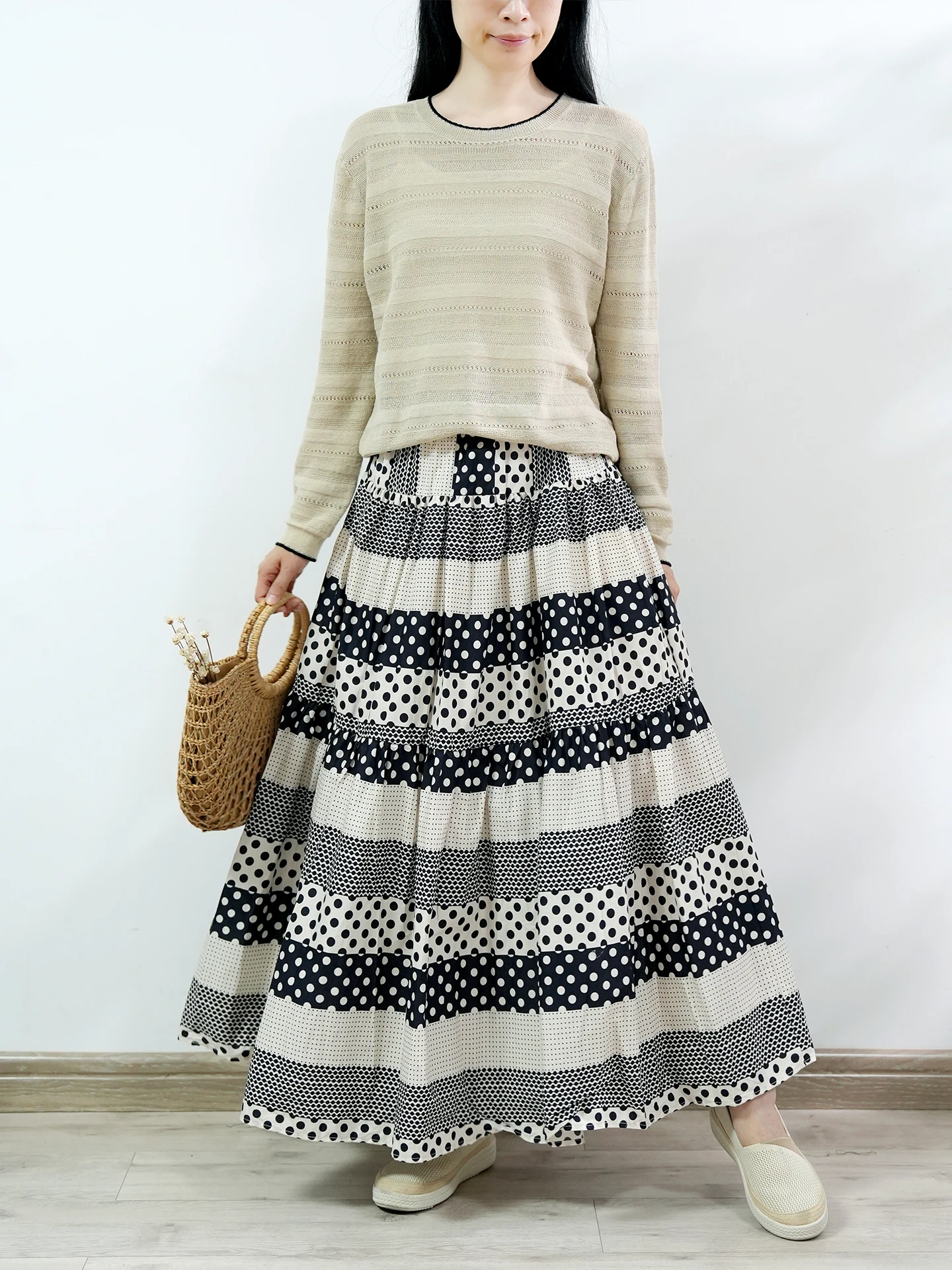 

TIYIHAILEY New Long Maxi Women Elastic Waist Printed Dot Cotton Spring Summer Lady A-Line Skirts Big Hem Black Patchwork 2025