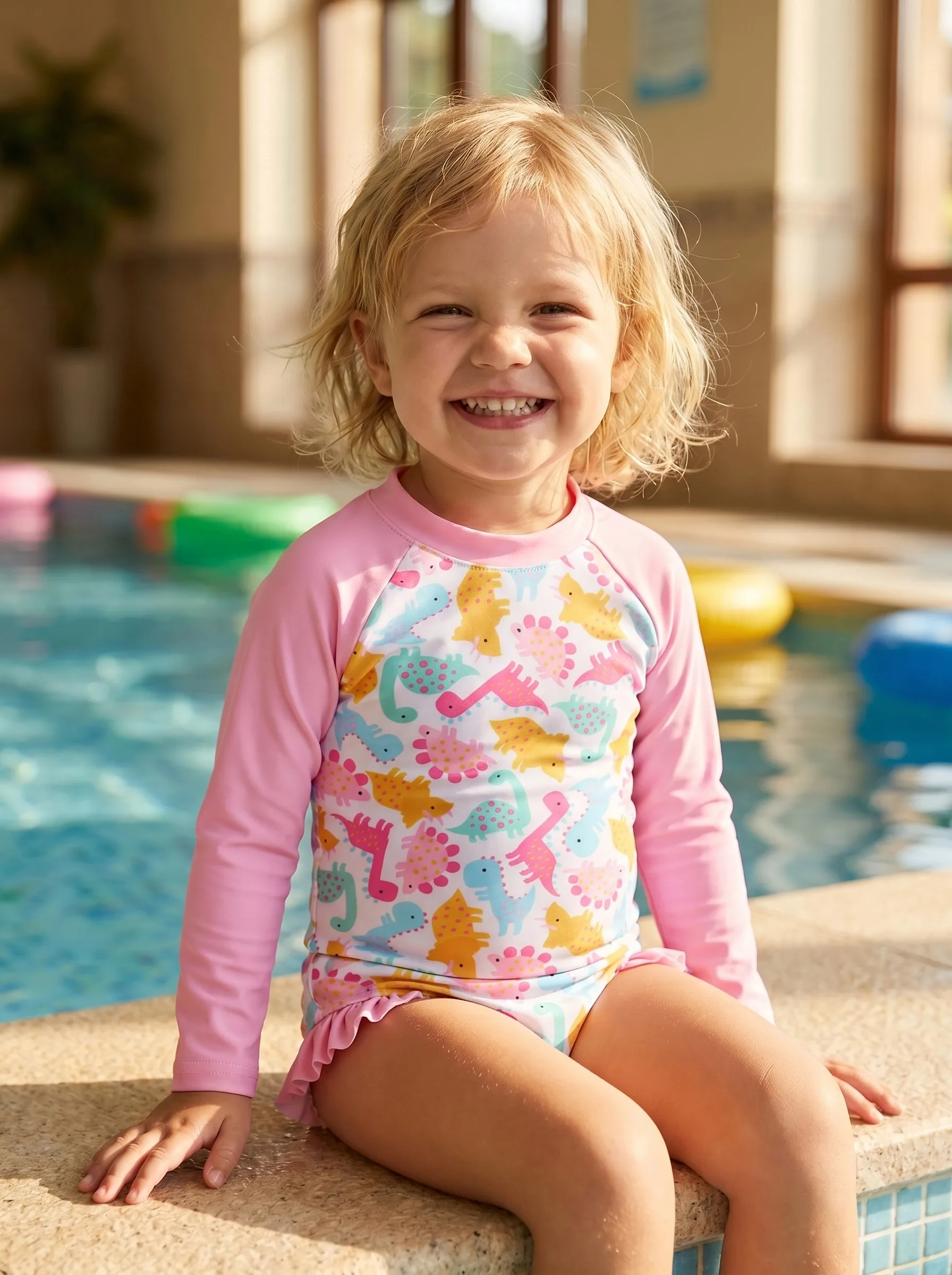 2-teiliges Sommer-Rashguard-Set für Babymädchen mit rosa Dinosaurier-Print, Langarm-Oberteil + Rüschen-Badeshorts, niedlicher UPF-Stil, Strand-/Poolkleidung – Detail 1