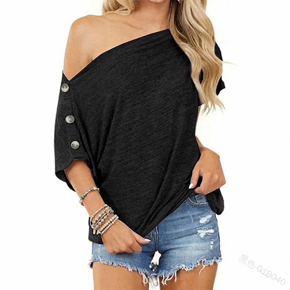 Women\'s Off Shoulder Batwing Sleeve Loose T-shirt - Casual Button Detail