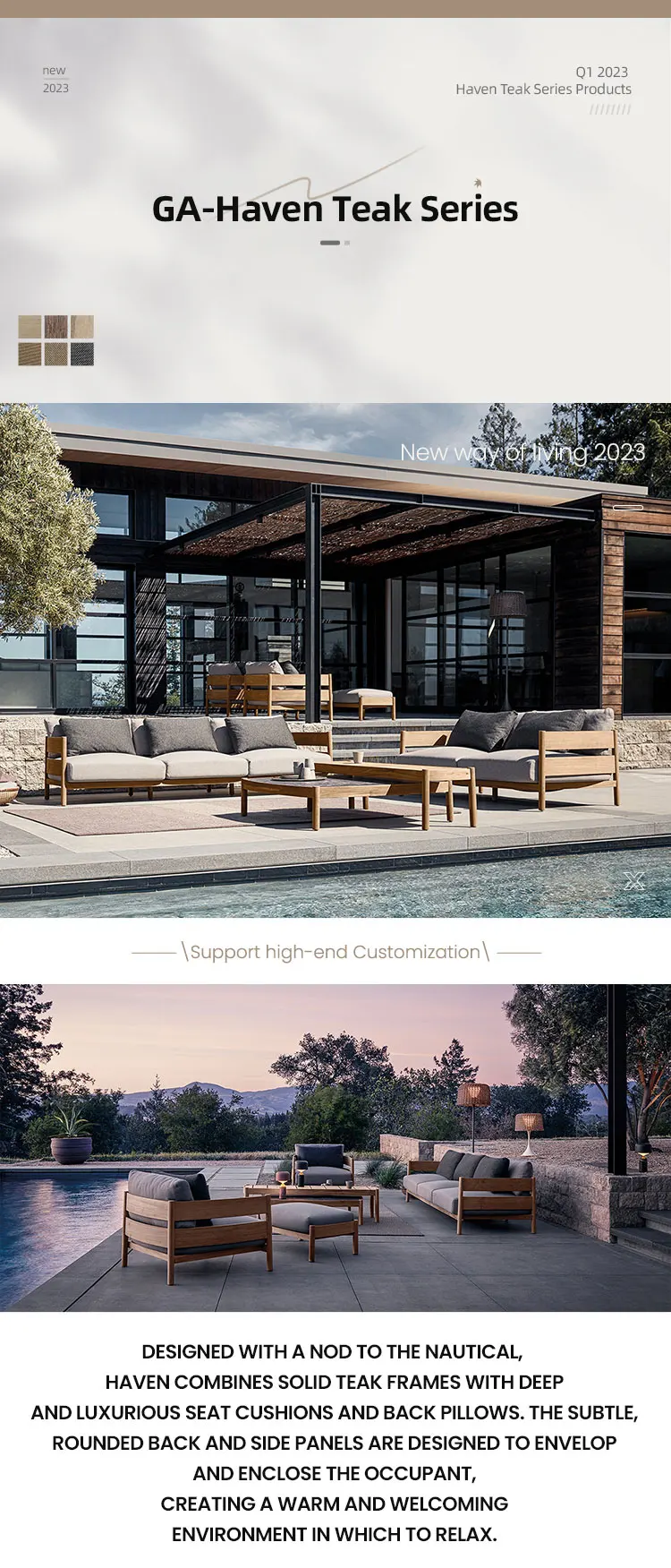 Modern Stylish South American Weather-Resistant Teak Three-Seater Sofa Set Eco-Friendly Waterproof Cushions Dining Hotel Garden