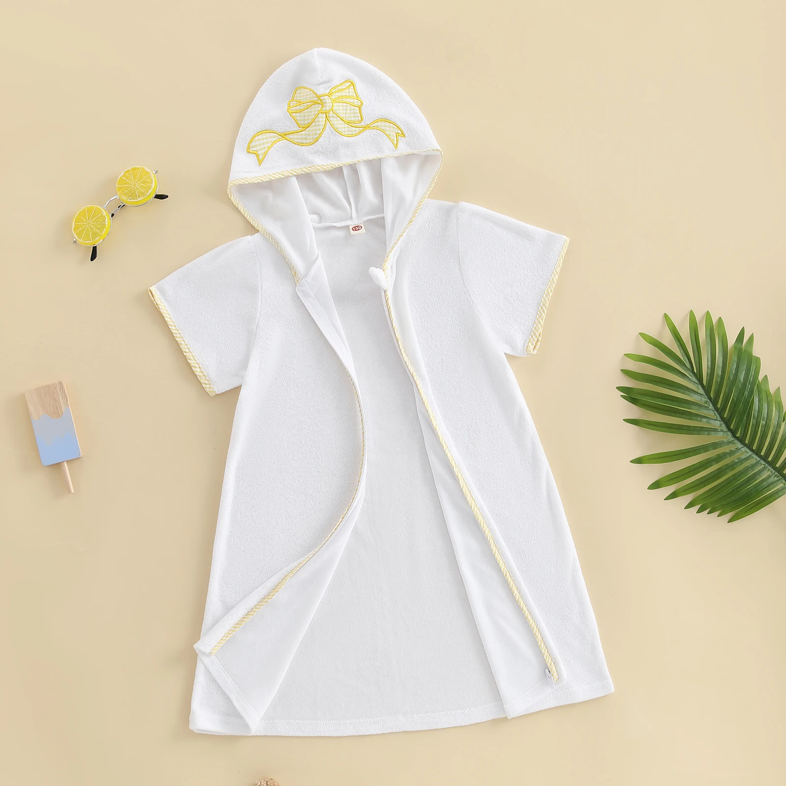 Kid Swim Beachwear Cover-ups Bow/Elephant Embroidery Short Sleeve Hooded Robe Zip-Up Towel Swimwear