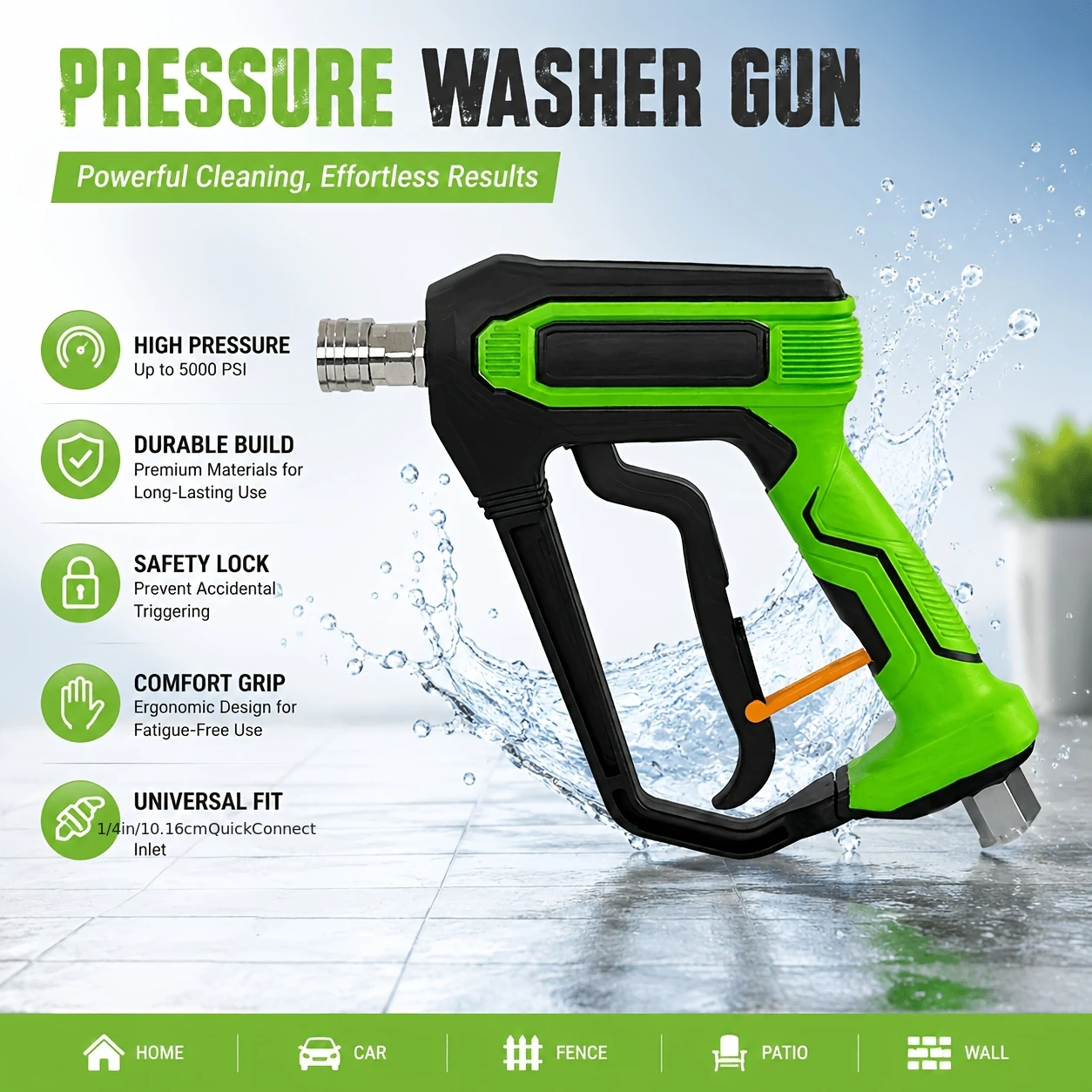 

High Pressure Washer Spray Gun 5000PSI, 1/4" Quick Connect, G3/8 Thread, Heavy Duty Stainless Steel for Car Wash