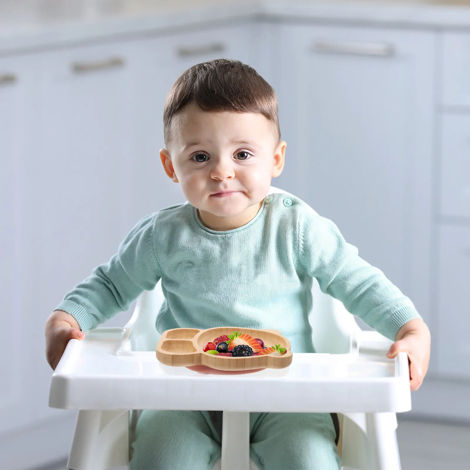Plato Dividido con Diseño de Panda, Bandeja de Madera para Comida con Base de Silicona con Succión, Bandeja para Servir la Cena de los Niños, Plato Dividido para Comida de Bebé, Fácil de Limpiar