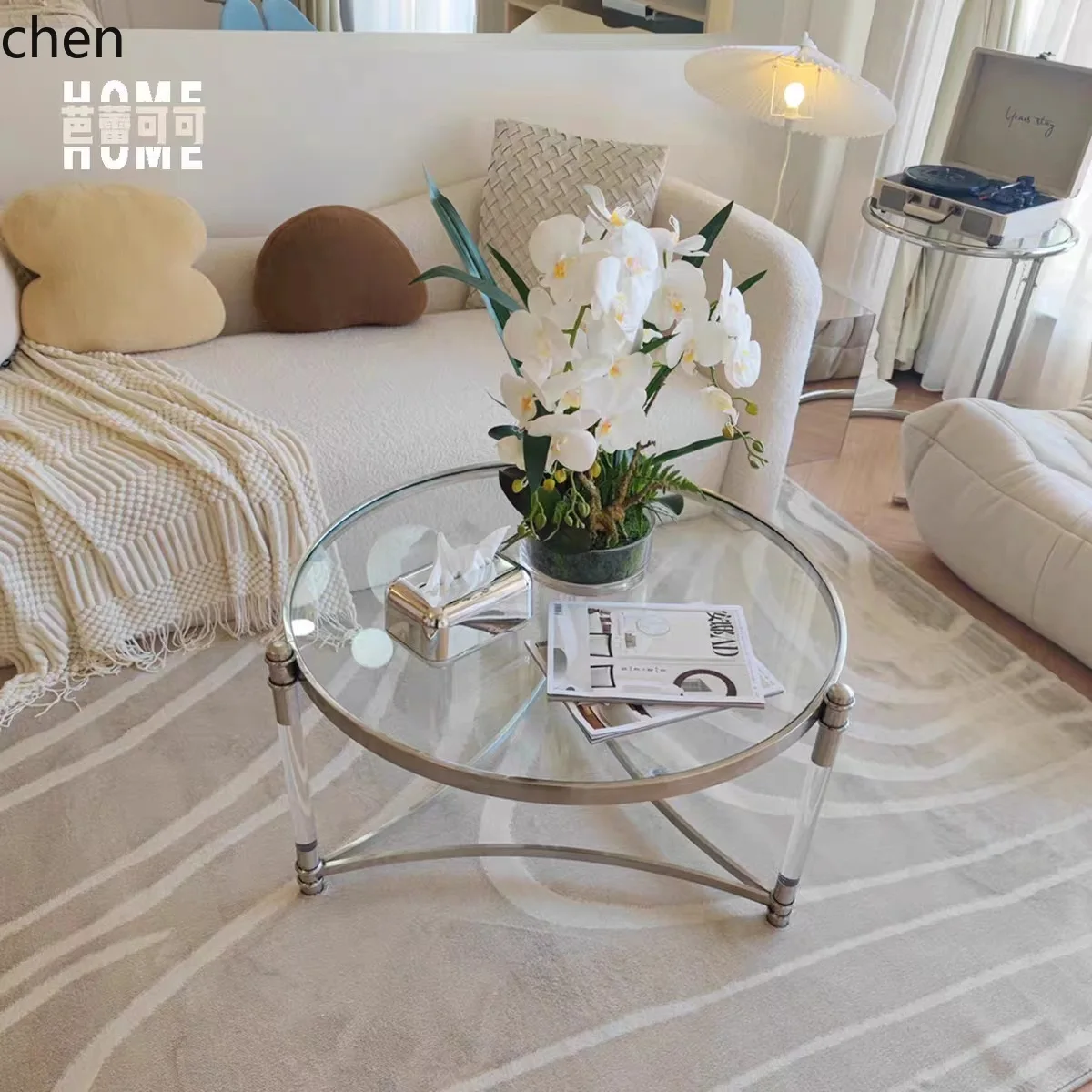 ZMLLight Luxury Acrylic Coffee Table Transparent Stainless Steel Glass Flower Stand Side Table
