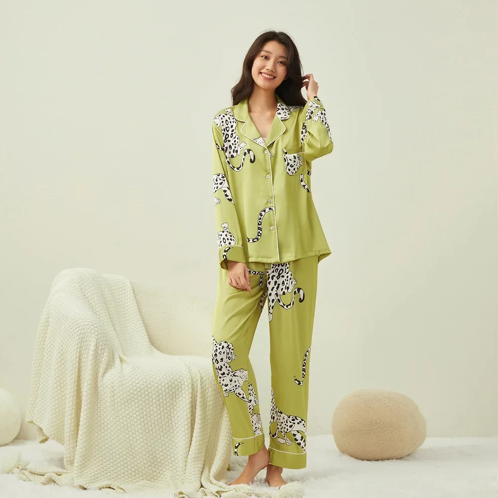 Secret Leopard series women\'s pajamas, long-sleeved trousers, ice silk loungewear, two-piece set pijama mujer pijamas women