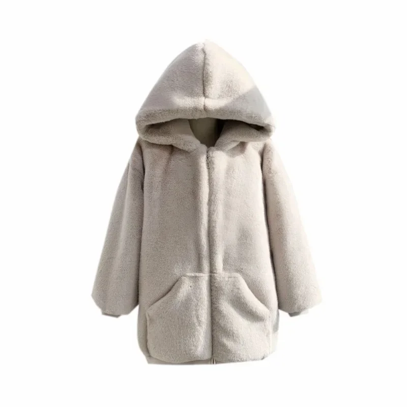 Giacca in peluche da donna invernale imitazione pelliccia di coniglio Rex medio e lungo nuovo cappotto ispessito con cappuccio per donna