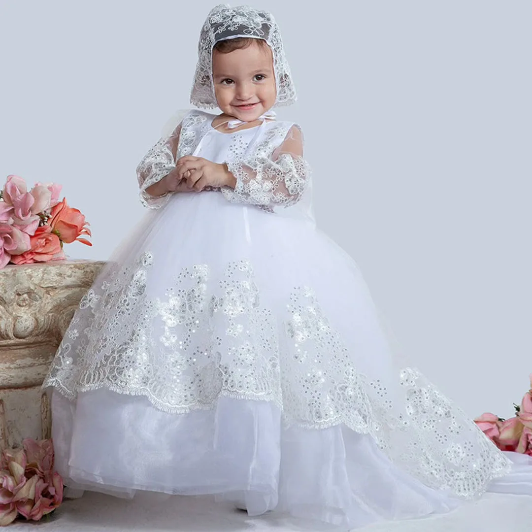 

Customized White Tulle Flower Girl Dress For Wedding Lace Applqique Puffy Princess Kids Baby Birthday First Communion Gown