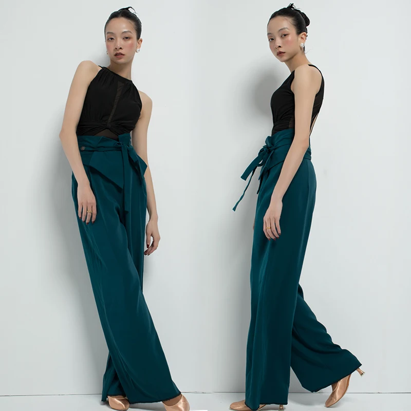 Strój do tańca towarzyskiego damski standardowy nowoczesny taniec występ spodnie do ćwiczeń czarny top z siateczki strój treningowy dla dorosłych 2338