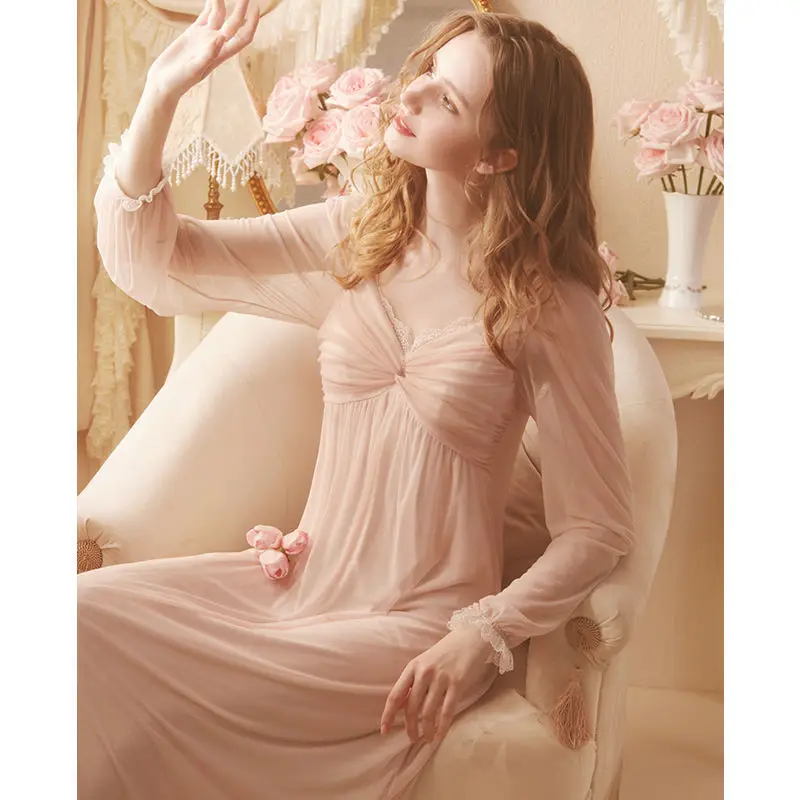 Casual Home Clothing French Elegant Style Nightgown Long Sleeve Nightdress for Women V Neck Sleepwear Intimate Lingerie