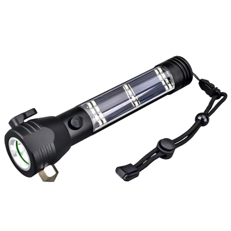 

Strong Light Rechargeable Flashlight T6 Multi-Function Car Safety Hammer Emergency Light LED Solar Flashlight