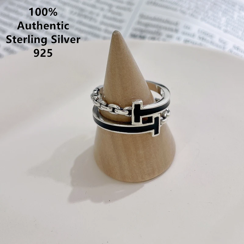 

Sterling Silver Anillos Ajustables Anillo De Plata кольцо 925 טבעות כסף Para Mujer Double T Black Glue Open Ring For Women Men