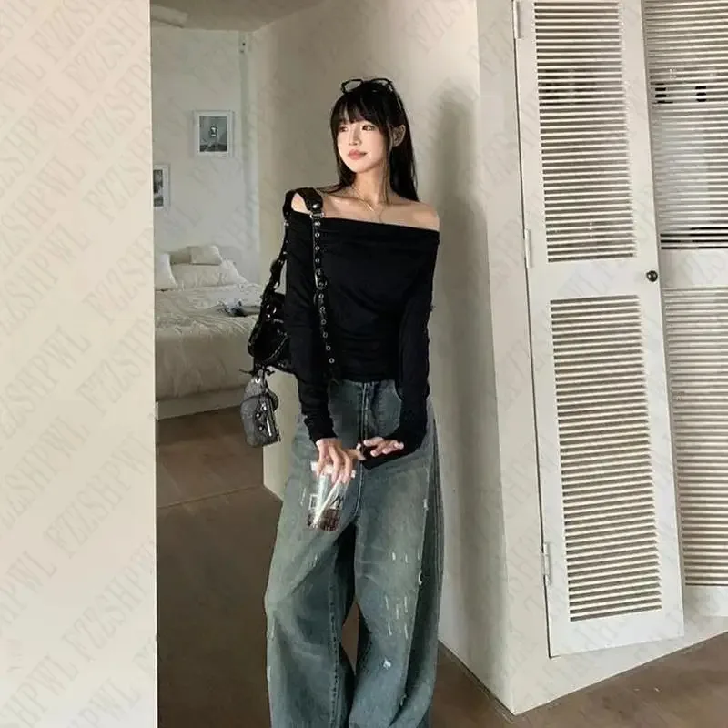 Nuevo 2025 Sexy Punk Y2k Top corto de manga larga un hombro Harajuku Grunge gótico pulóver ropa de calle Hip Hop camiseta de bebé Retro eqs9X