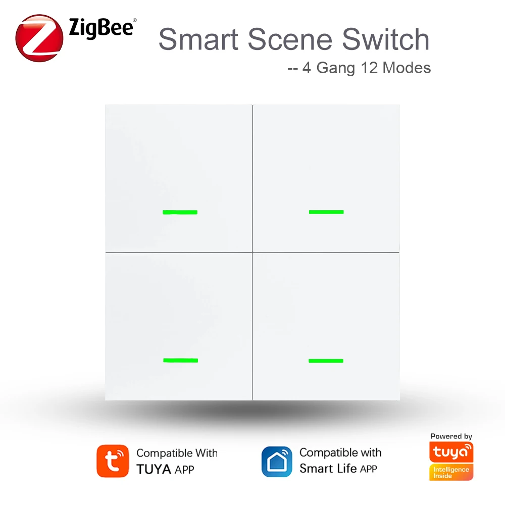 Tuya Zigbee Wireless Smart Scene Switch 4Gang 12 Modes Home Automatic Lighting Scene Button Controller Works with ZigBee Gateway