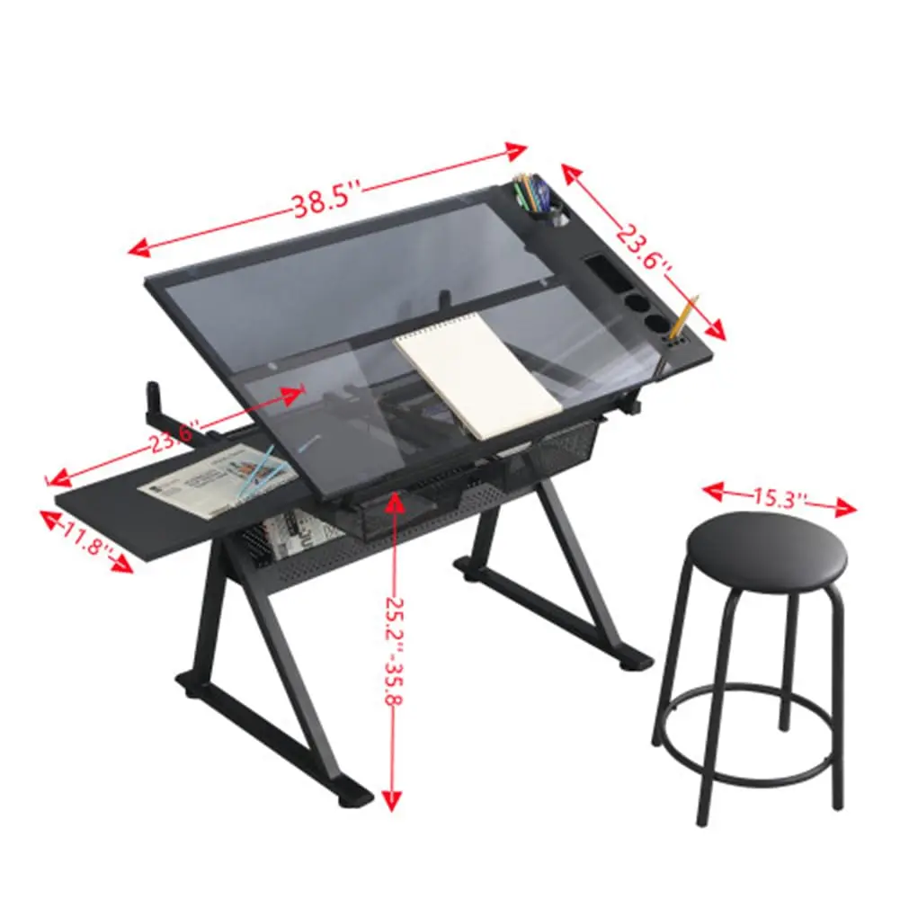 Drafting Table w/Stool, Height Adjustable Multifunctional Drawing Table