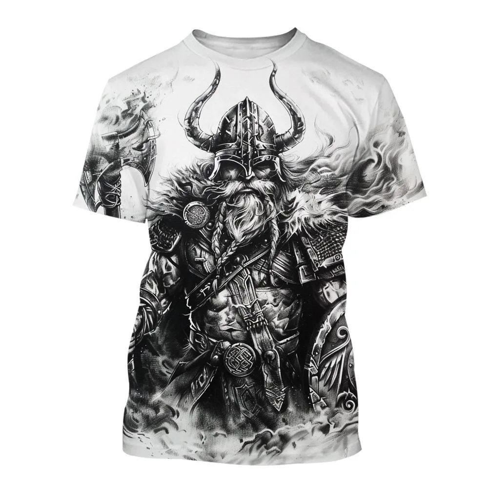 

Trendy mens clothing black and white striped graphic t shirts with 3D digital printing Viking warrior short sleeved tees for men