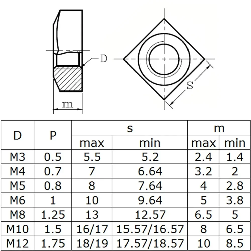 1-50pcs M3~M12 304 Stainless Steel Square Nuts Screw Bolt Fastener Accessories for Hardware