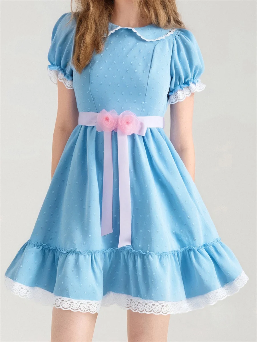 فستان الأميرة الحلو للسيدات Kawaii Harajuku فستان قصير بأكمام منتفخة وياقة الدمية من الدانتيل على شكل حرف A مع حزام زهري