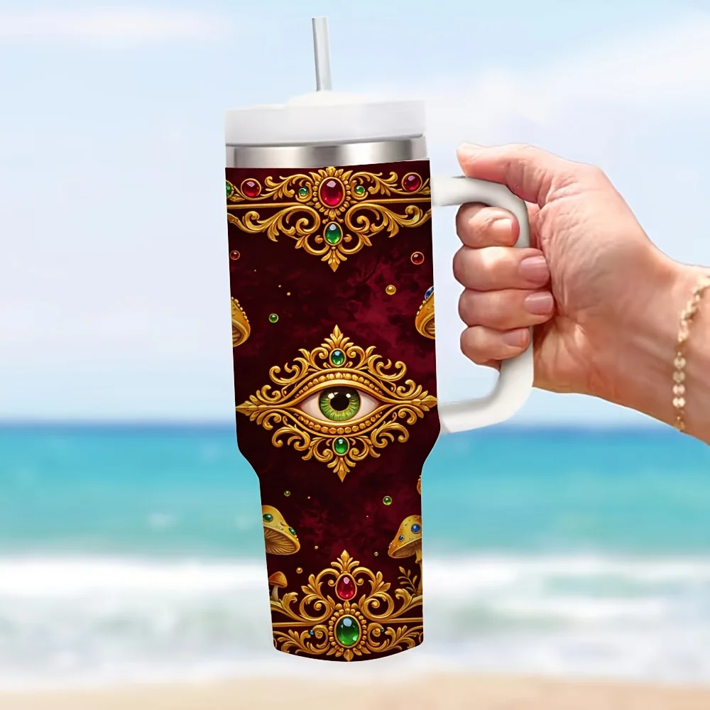 40Oz Insulated Tumbler with Handle, Vintage All-Seeing Eye Mushroom Print, Keeps Drinks Hot And Cold, Suitable for Daily Use, Outdoor Travel, And Office