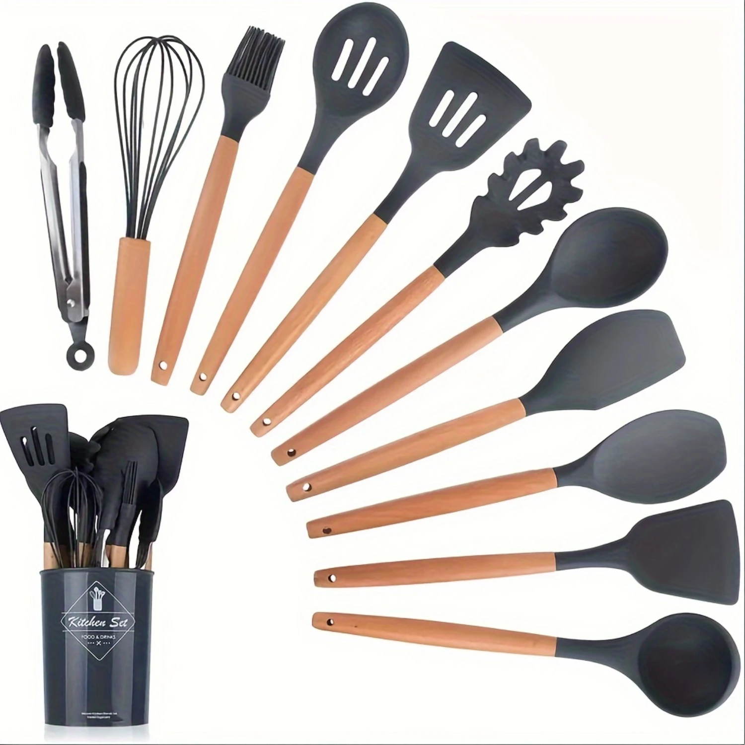 

12-Piece Silicone Cooking Utensils Set - Ergonomic Wooden Handle, Non-Stick Pot Friendly, Heat Resistant, Complete with Turner,