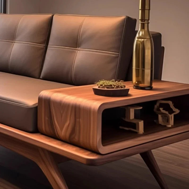 New Chinese walnut living room sofa 2025 new high-end solid wood small apartment leather three-person straight row sofa