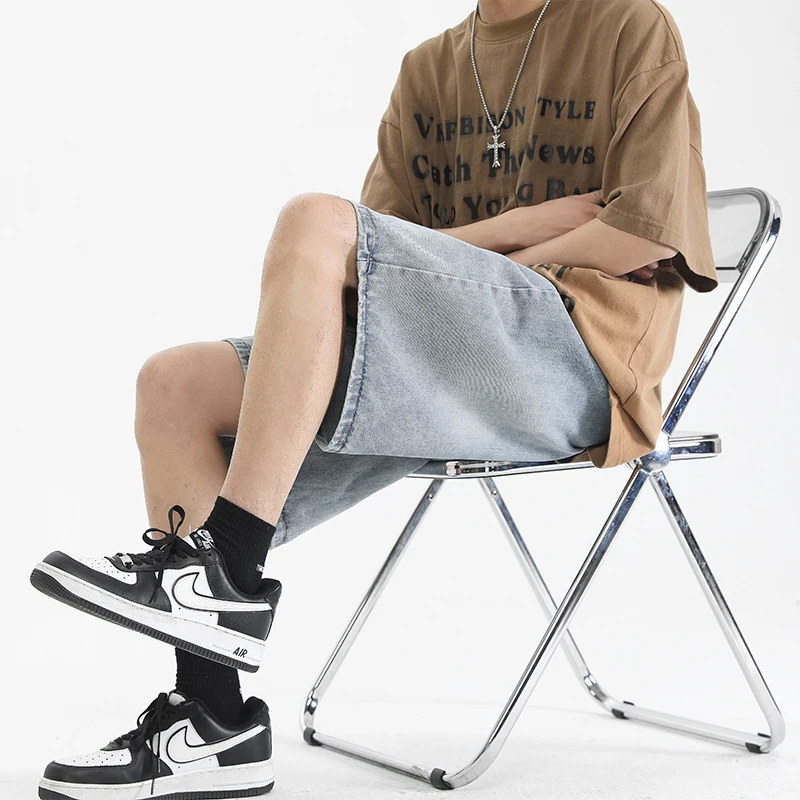 

Grey men's denim shorts with straight button pattern, men's jeans, pants, denim retro streetwear, wide style, summer new style