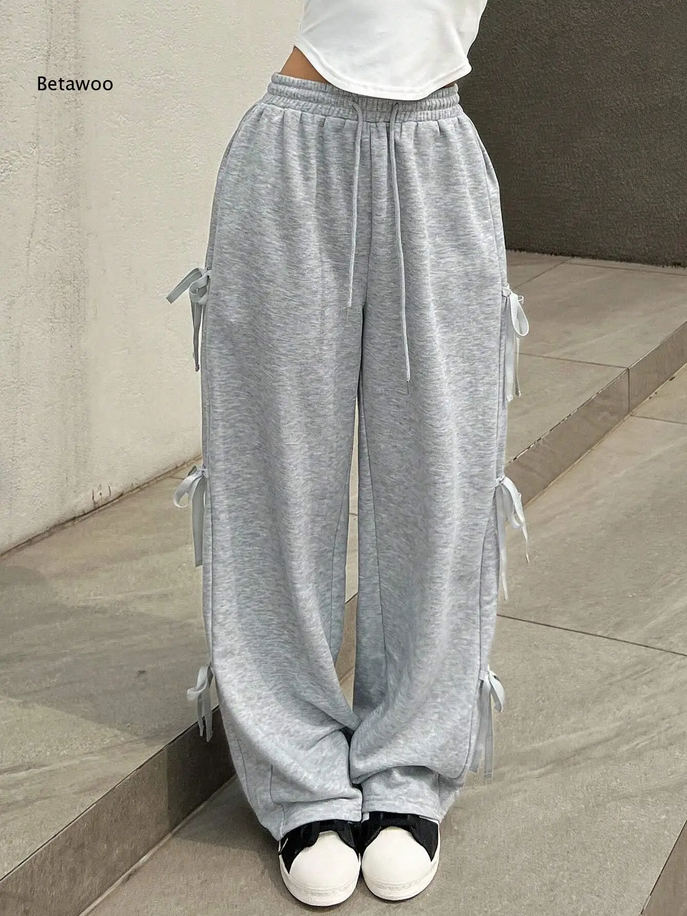 Ladies Street Style Wide Leg Sweat Trousers Heather Grey Adjustable Drawstring Waist Side Ribbon Bow Accent Loose Pants