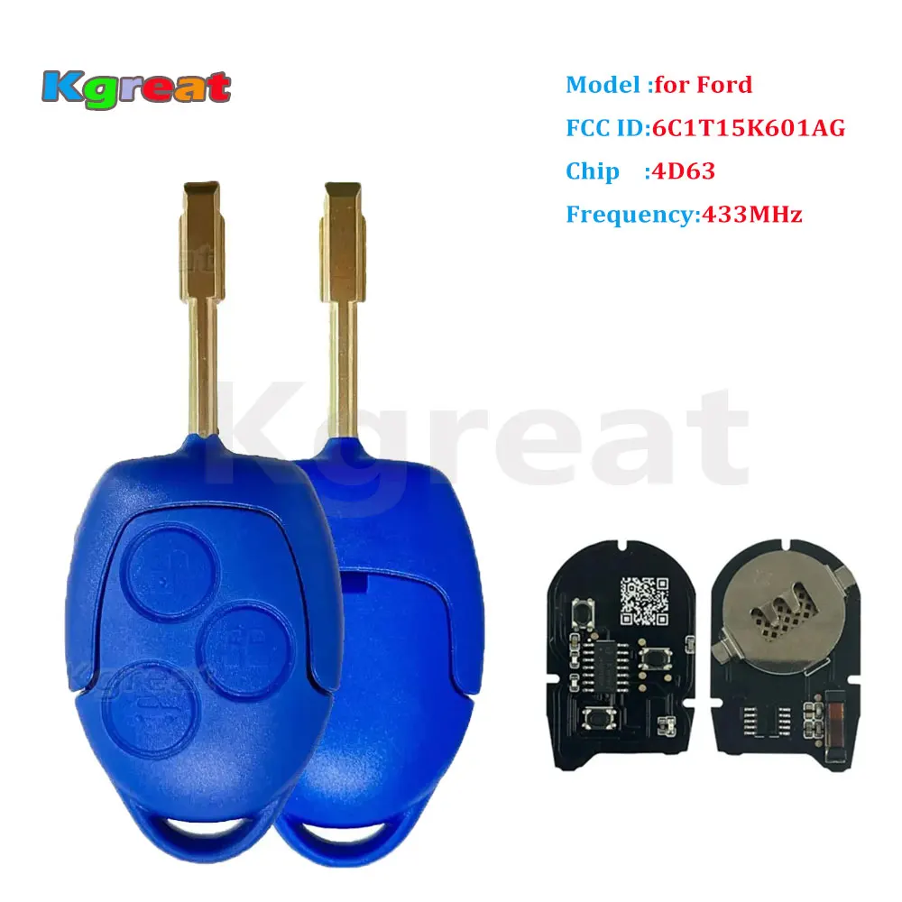 Car Remote Key 6C1T15K601AG for Ford Transit WM VM 2006 2007 2008 2009 2010 2011-2014 433MHz 4D63 Blue Remote Car Key 6CIT15K601