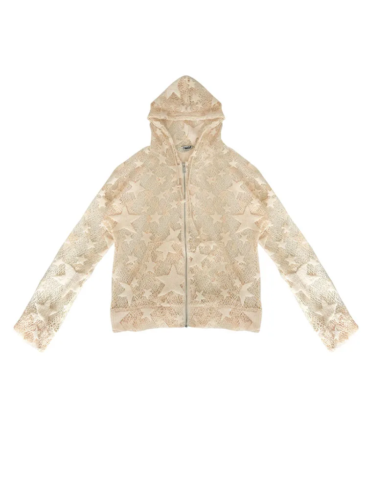 Personality Chic Beige Star Gauze Versatile Hollow Out Hooded Top Sexy Loose Fashion Age-reducing Long-sleeved Zipper Cardigan