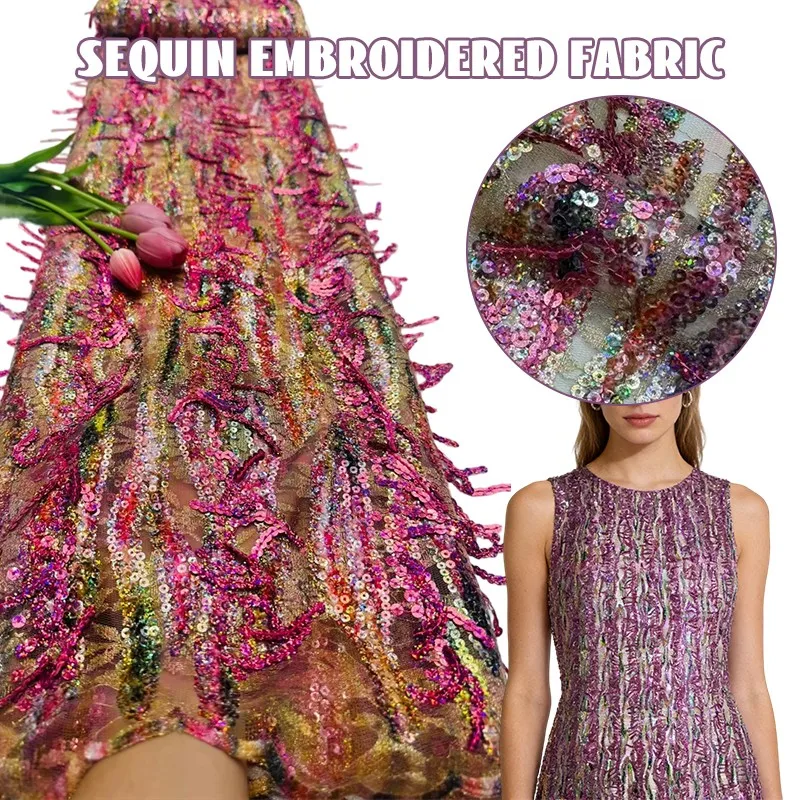 

5Yard Heavy-duty Crystal Material Tube Sequin Embroidered Fabric with Sequin Pattern DIY Shooting Background Decor Stage Costume