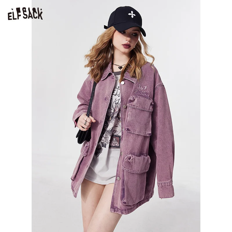 

ELFSACK American style vintage mid long length denim coat for women 2024 spring new street style loose irregular loose coat larg