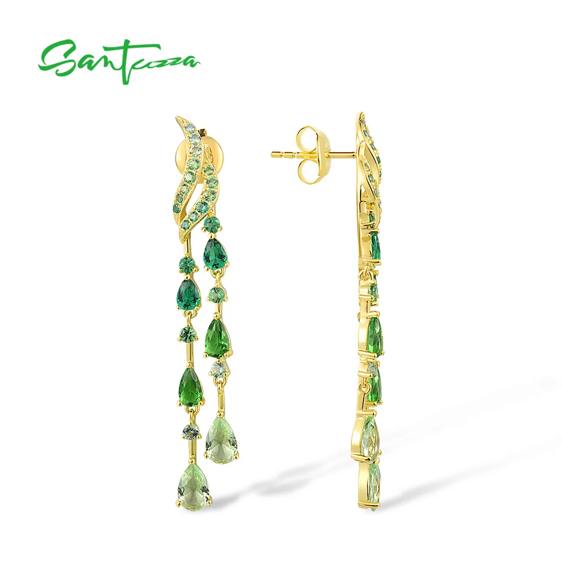 SANTUZZA 925 Sterling Silver Stud Long Earrings For Women Ombre Green Spinel And Glass Gold Plated Fashion Fine Elegant Jewelry