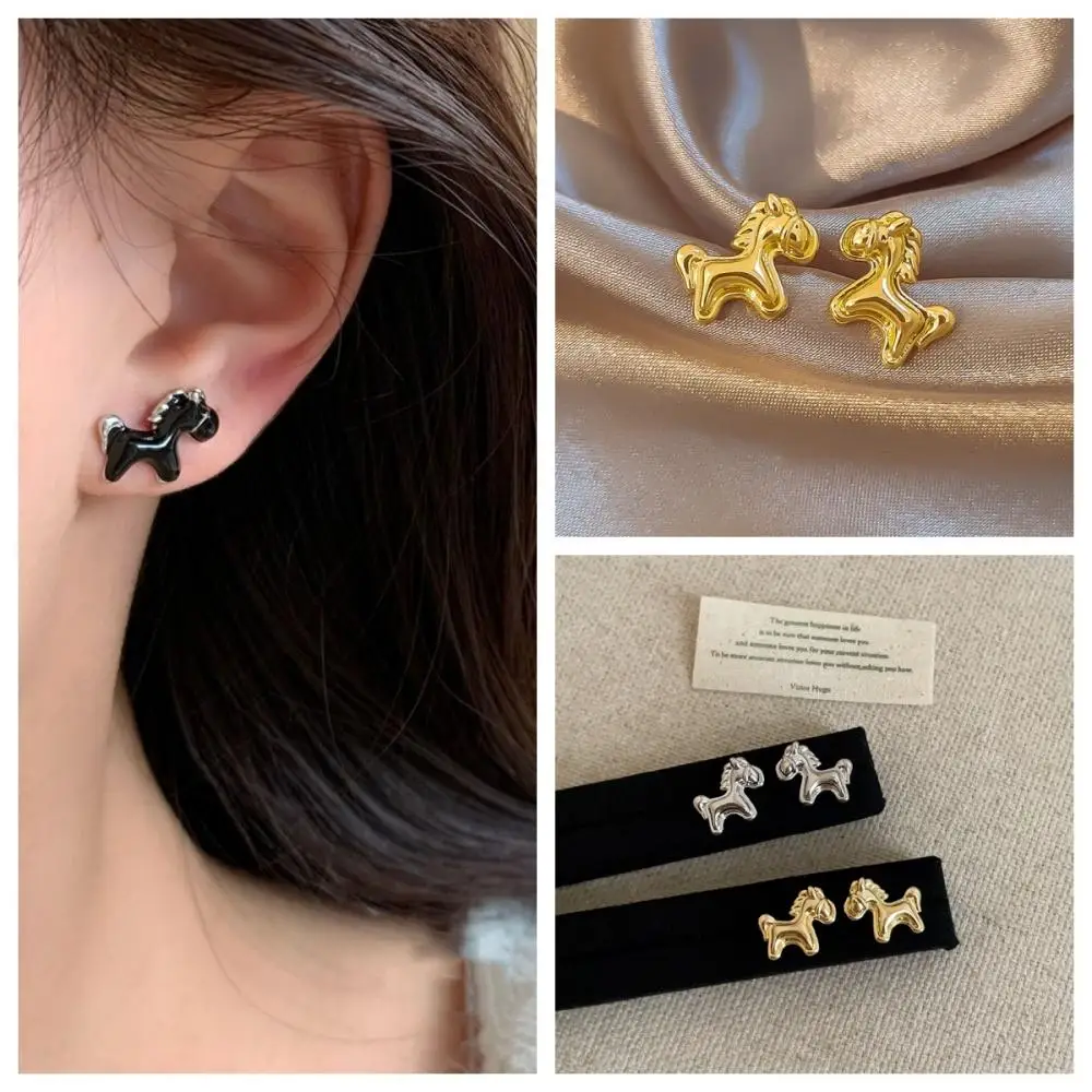 أقراط على شكل حصان ذهبي وفضي معدني بتصميم فريد من نوعه على شكل حيوانات كرتونية للنساء والفتيات وإكسسوارات مجوهرات عصرية