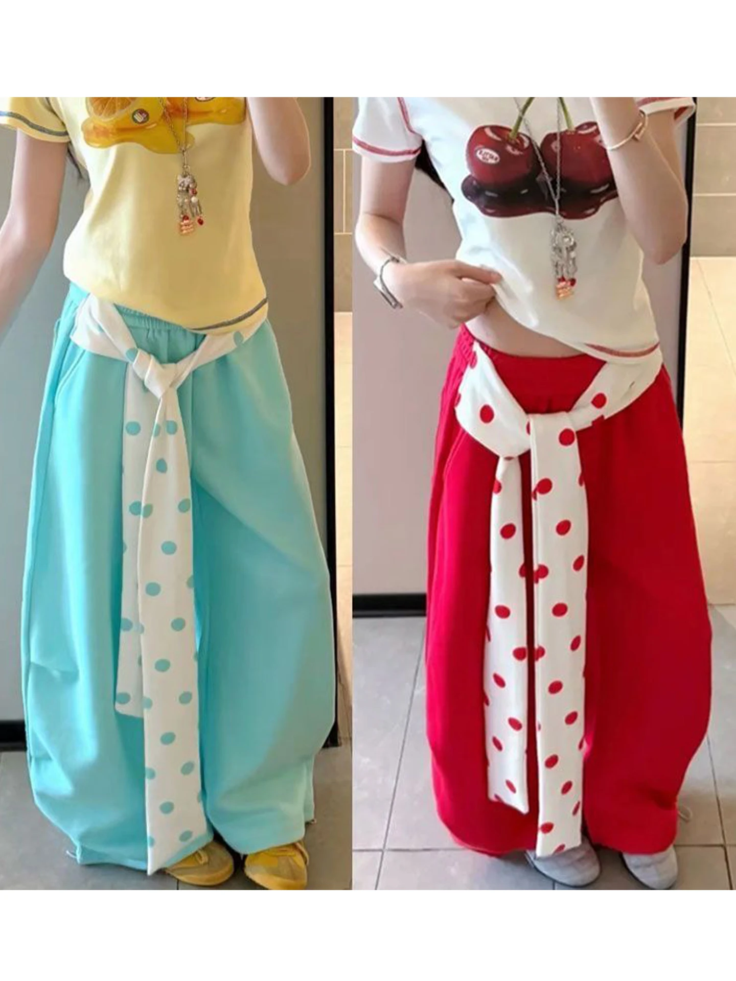 

Loose Wide Leg Pants Women Summer Korean Retro Contrast Color Polka Dot Sash Dancing Casual Loose High Waist Polyester Fiber