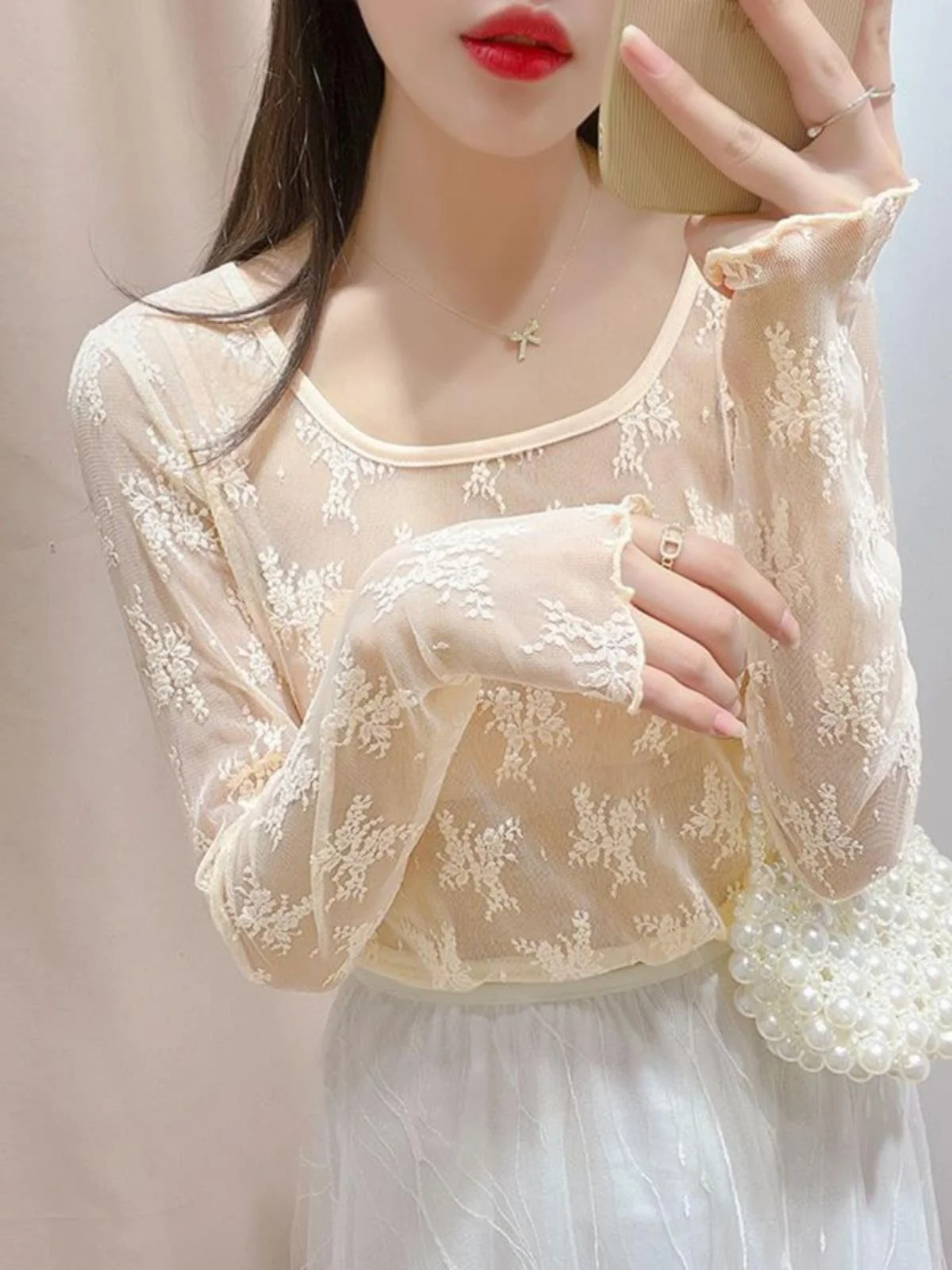 

Women's Lace Base irt Long Sve Transparent Me Hollow out Knitwear Bla Summer Thin Sandals Commute Sle Faion