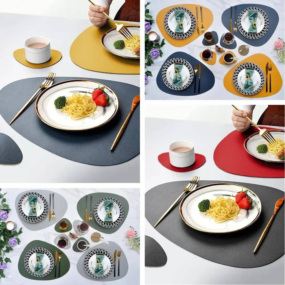 4/8pc Set Placemats with Coaster PU Leather Nordic Style Tableware Pad Coffee Table Non-Slip Waterproof Washable Kitchen Mats