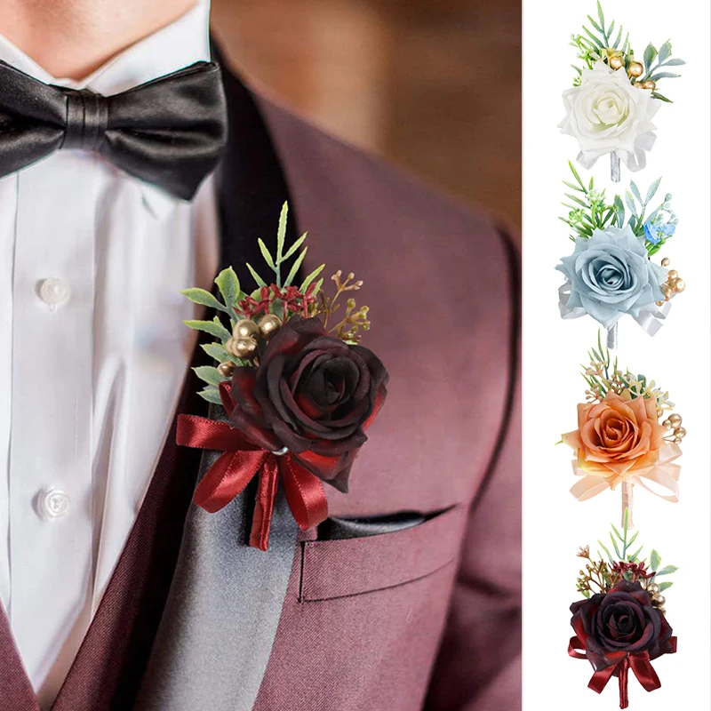 1pc Rose Boutonniere for Men Wedding Groom and Groomsmen Boutonniere Ceremony Anniversary, Formal Dinner Party Prom Corsage