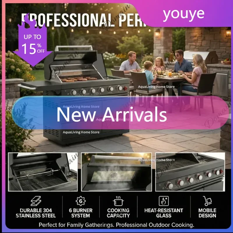 IHX WQ 46-Inch 6-Burner Luxury Stainless Steel Propane Gas Outdoor Kitchen Bar BBQ Island Grill Built-in Cabinet Smoker Side Bur